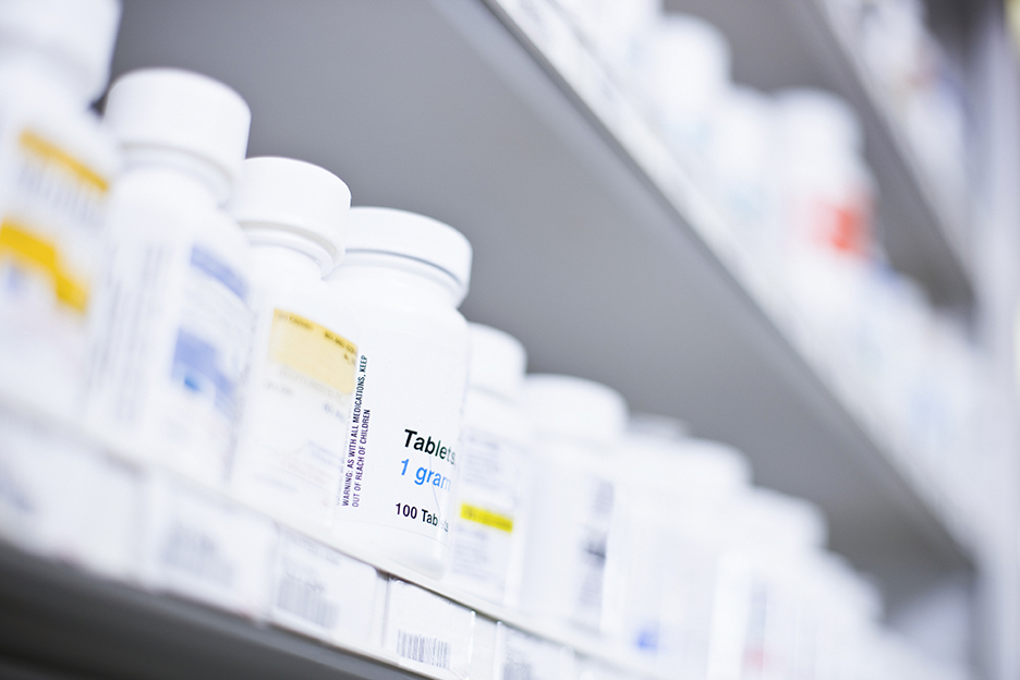 Medicine shelves with various health products